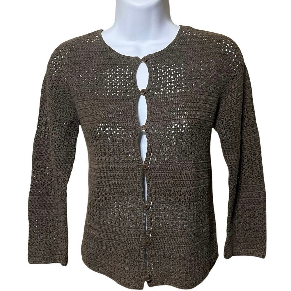 VTG Eddie Bauer Hand Crochet Linen Button Down Cardigan XS Boho Hippie Festival